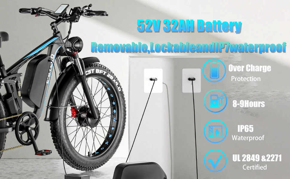 E-BYCCO  5000W Peak/4000W Dual Motor Electric Bike , Up to 45MPH Speed E-Bike,100-Mile Range, IP65 Waterproof, 52V 32Ah Remova