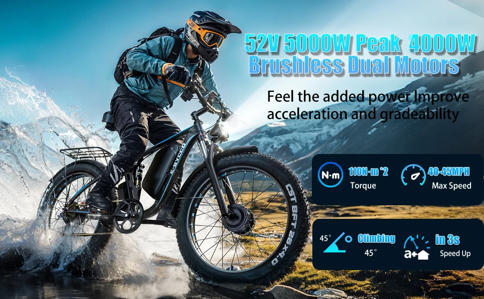 E-BYCCO  5000W Peak/4000W Dual Motor Electric Bike , Up to 45MPH Speed E-Bike,100-Mile Range, IP65 Waterproof, 52V 32Ah Remova