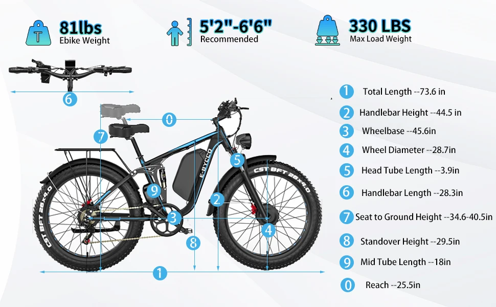 E-BYCCO  5000W Peak/4000W Dual Motor Electric Bike , Up to 45MPH Speed E-Bike,100-Mile Range, IP65 Waterproof, 52V 32Ah Remova