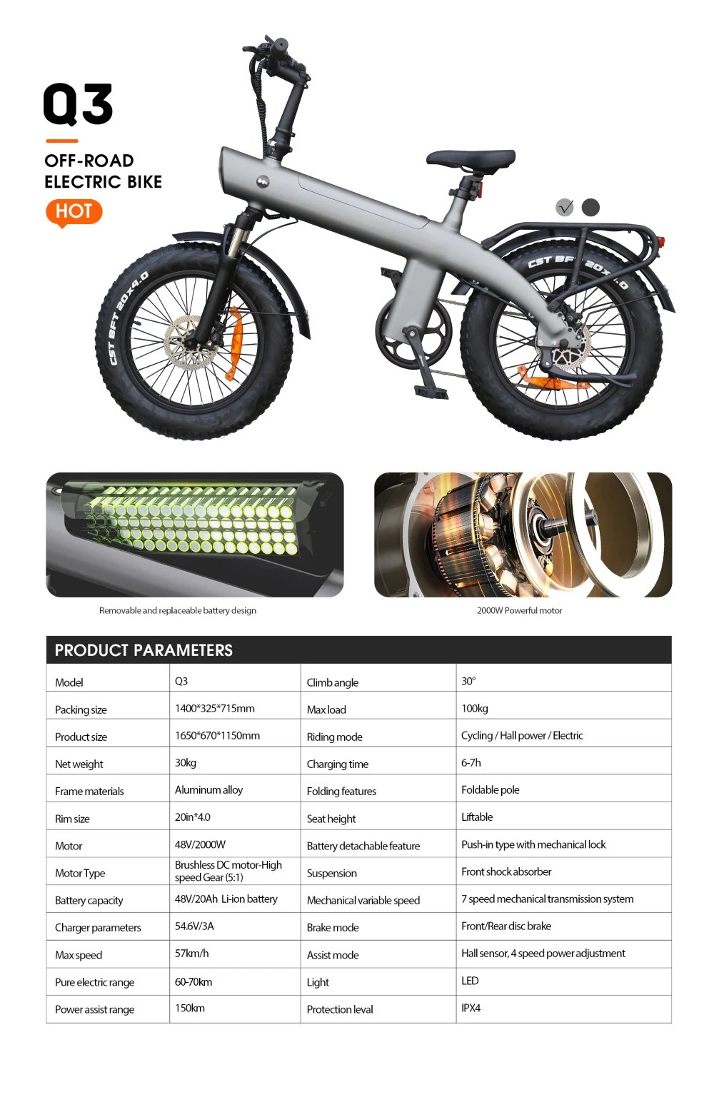HX Q3 2000W Adult Electric Bicycle 48V 20AH E Bike Removable Battery Foldable Ebike 20 inch fat tire Electric Bike
