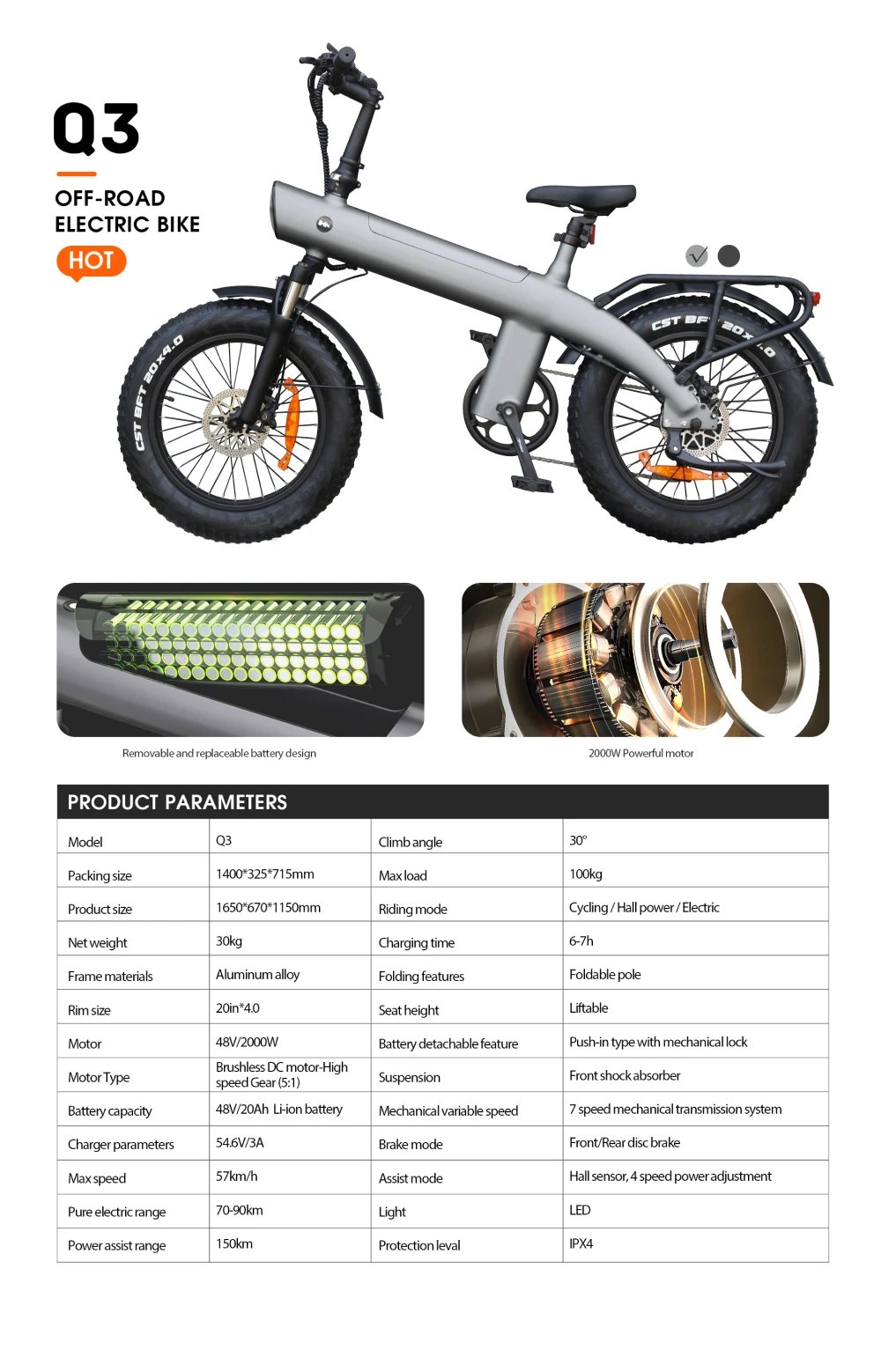 HUANCI Q3 Mountain Electric bicycle 2000W 60KM/H removable battery electric bike 48V 20AH Ebike 20Inch fat tire Off-Road e bike HUANCI Q3 Mountain Electric bicycle 2000W 60KM/H removable battery electric bike 48V 20AH Ebike 20Inch fat tire Off-Road e bike