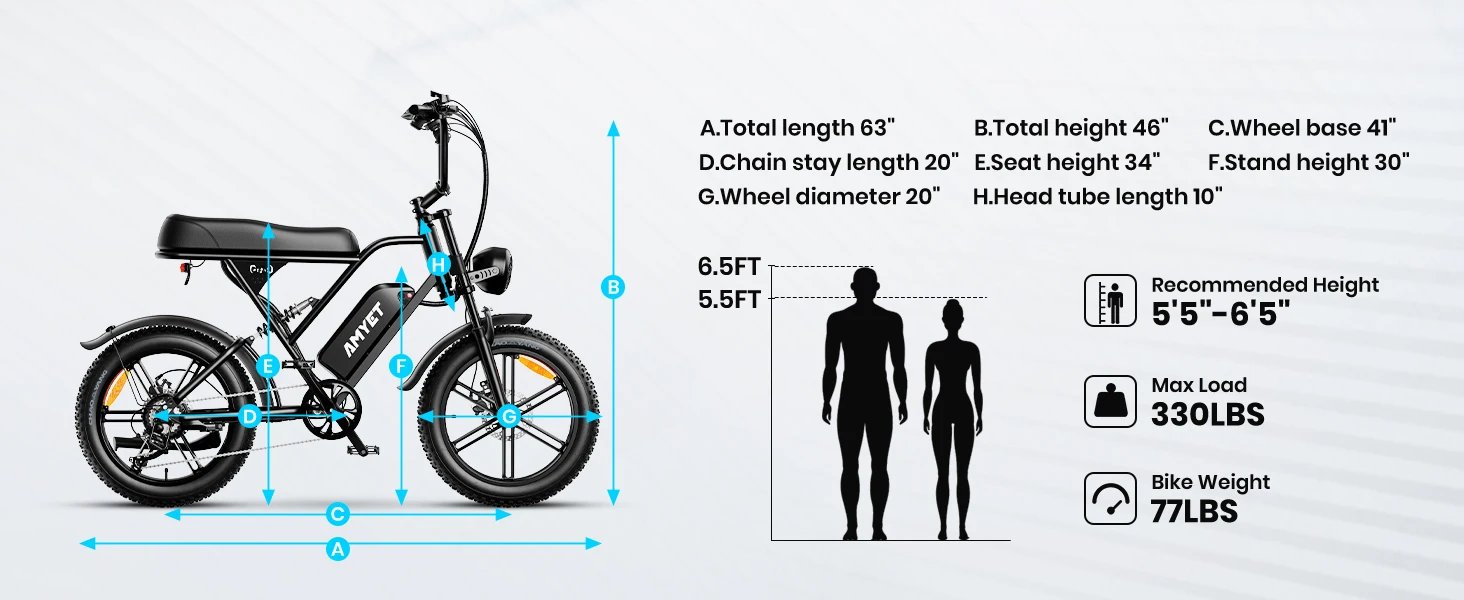 AMYET G60 Adults Electric Bike 1500W PEAK Motor Bicycle 48V 20AH 20“ Tire Ebike Electric E Bikes Mountain Moped Ebikes For Men