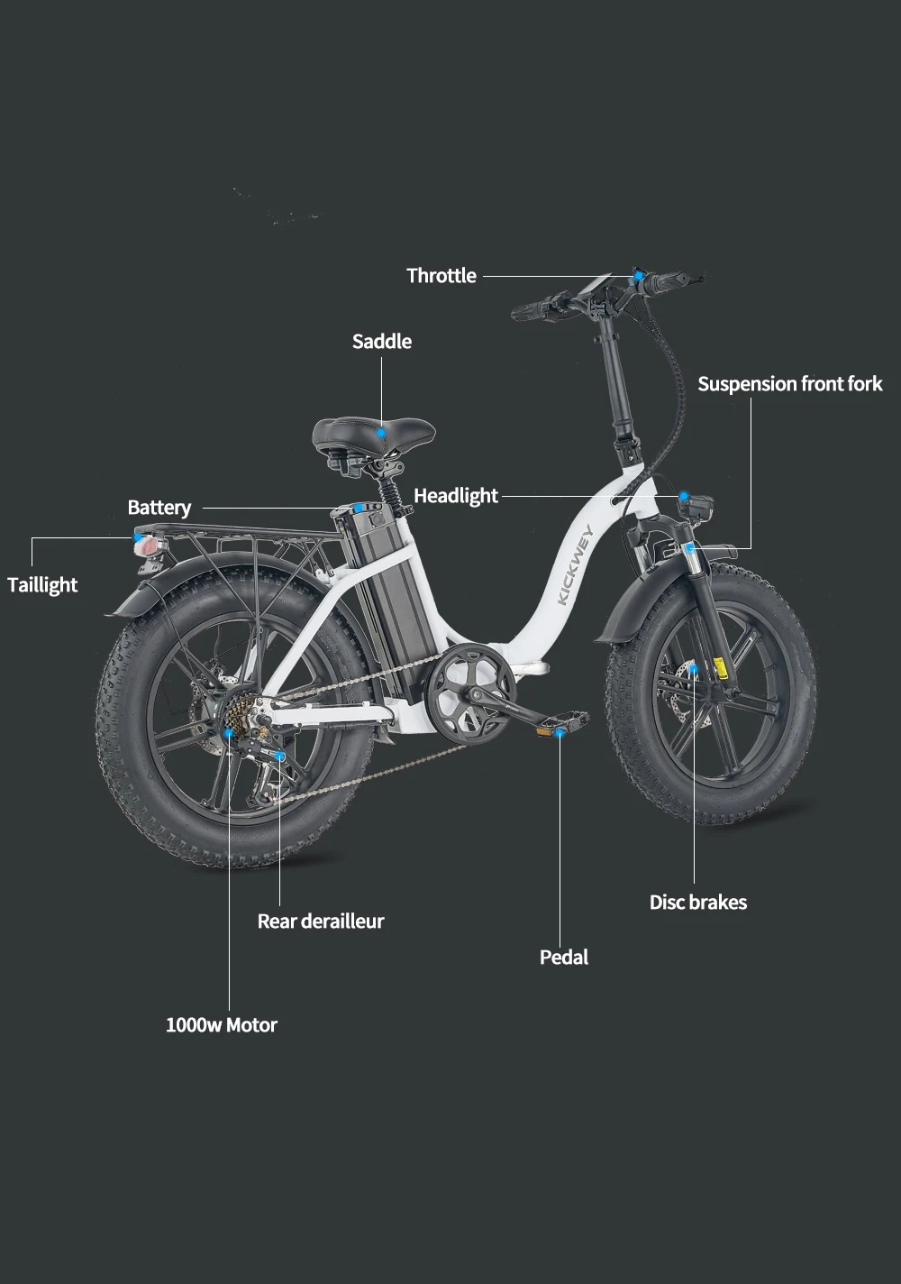 Kickwey L20 Folding Electric Bicycle 1000w Motor 48V Removable Battery Electric bikes for Adult 20 Inch Fat Tire Foldable E Bike