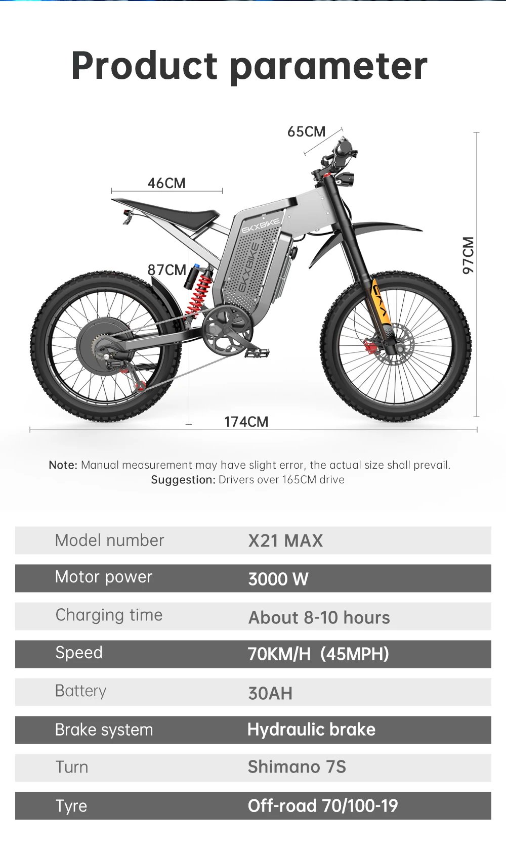 Electric bike X21MAX, 78KM/H (49MPH), 60V30Ah lithium battery 3000W, off-road 70/100-19 tires, dual hydraulic shock absorption