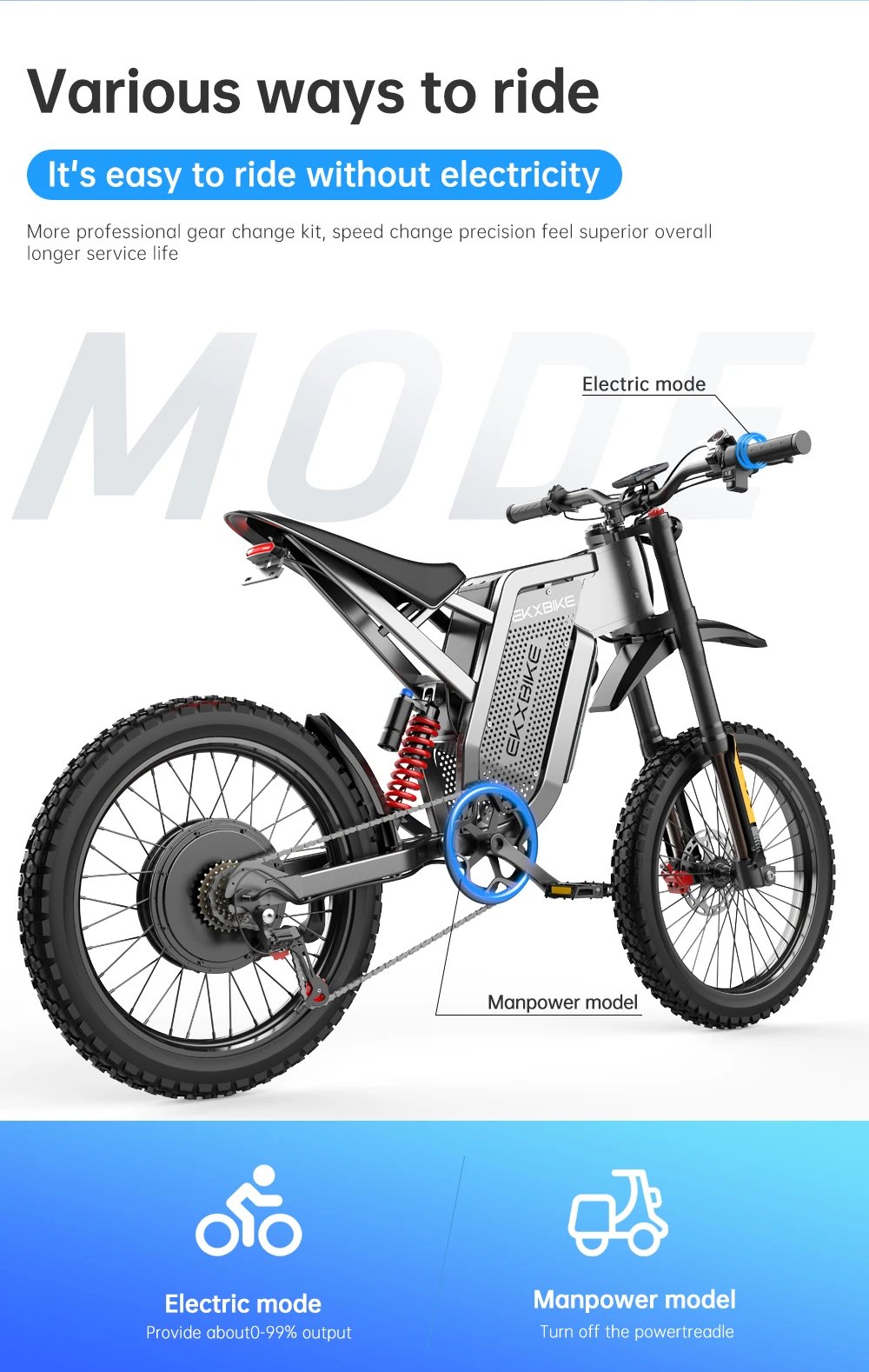 Electric bike X21MAX, 78KM/H (49MPH), 60V30Ah lithium battery 3000W, off-road 70/100-19 tires, dual hydraulic shock absorption
