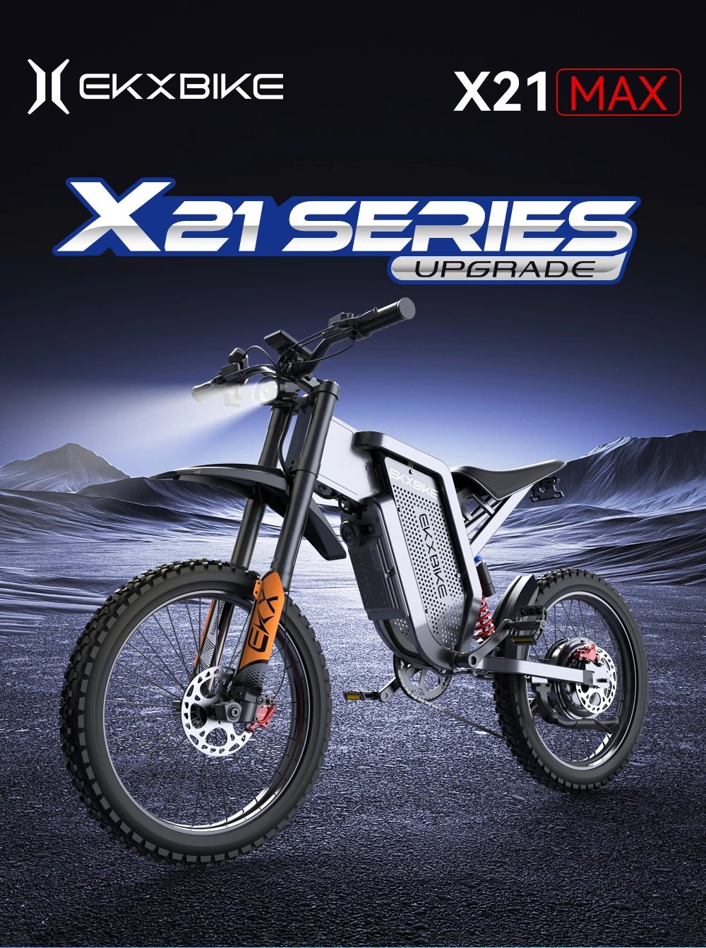 Electric bike X21MAX, 78KM/H (49MPH), 60V30Ah lithium battery 3000W, off-road 70/100-19 tires, dual hydraulic shock absorption