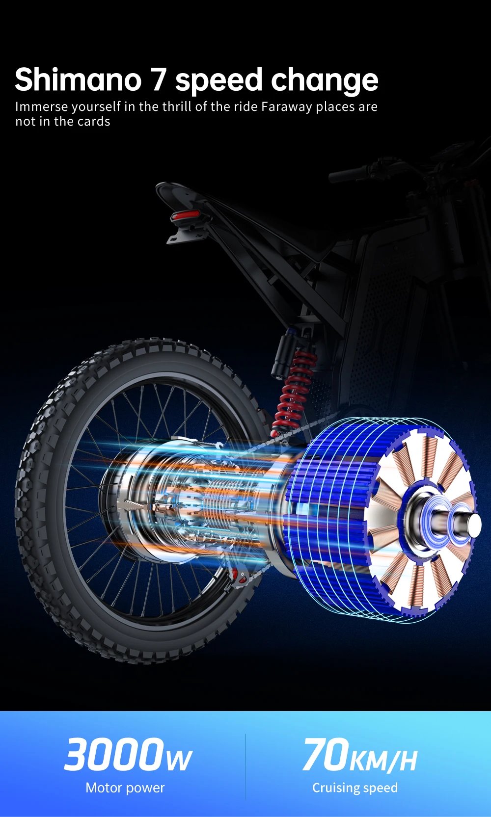 Electric bike X21MAX, 78KM/H (49MPH), 60V30Ah lithium battery 3000W, off-road 70/100-19 tires, dual hydraulic shock absorption