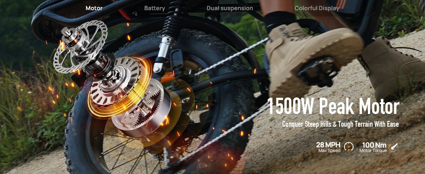 Peak 1500W Electric Mountain Bike with 48V 15.6Ah Removable Battery, 28MPH 100 Mile Range, 20