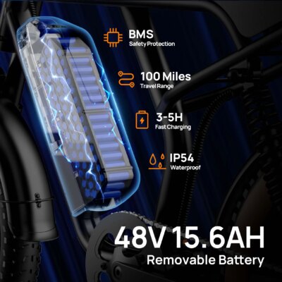1500W Peak Electric Mountain Bike 48V 15.6Ah Removable Battery 28MPH 100 Mile Range 20X4" Fat Tire E-Bike Free Shipping Hot Sale - Image 4