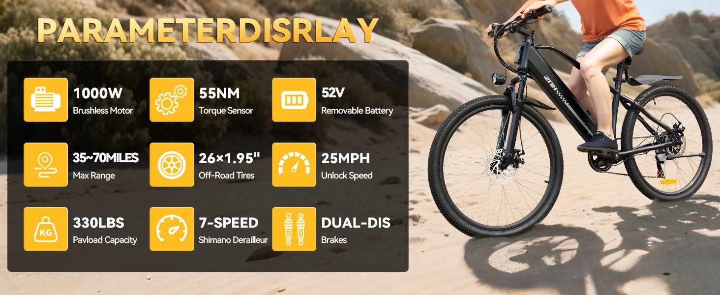 ZNH Electric Bicycle for Adults,1000W Peak Motor,48V Removable Battery,20MPH,26