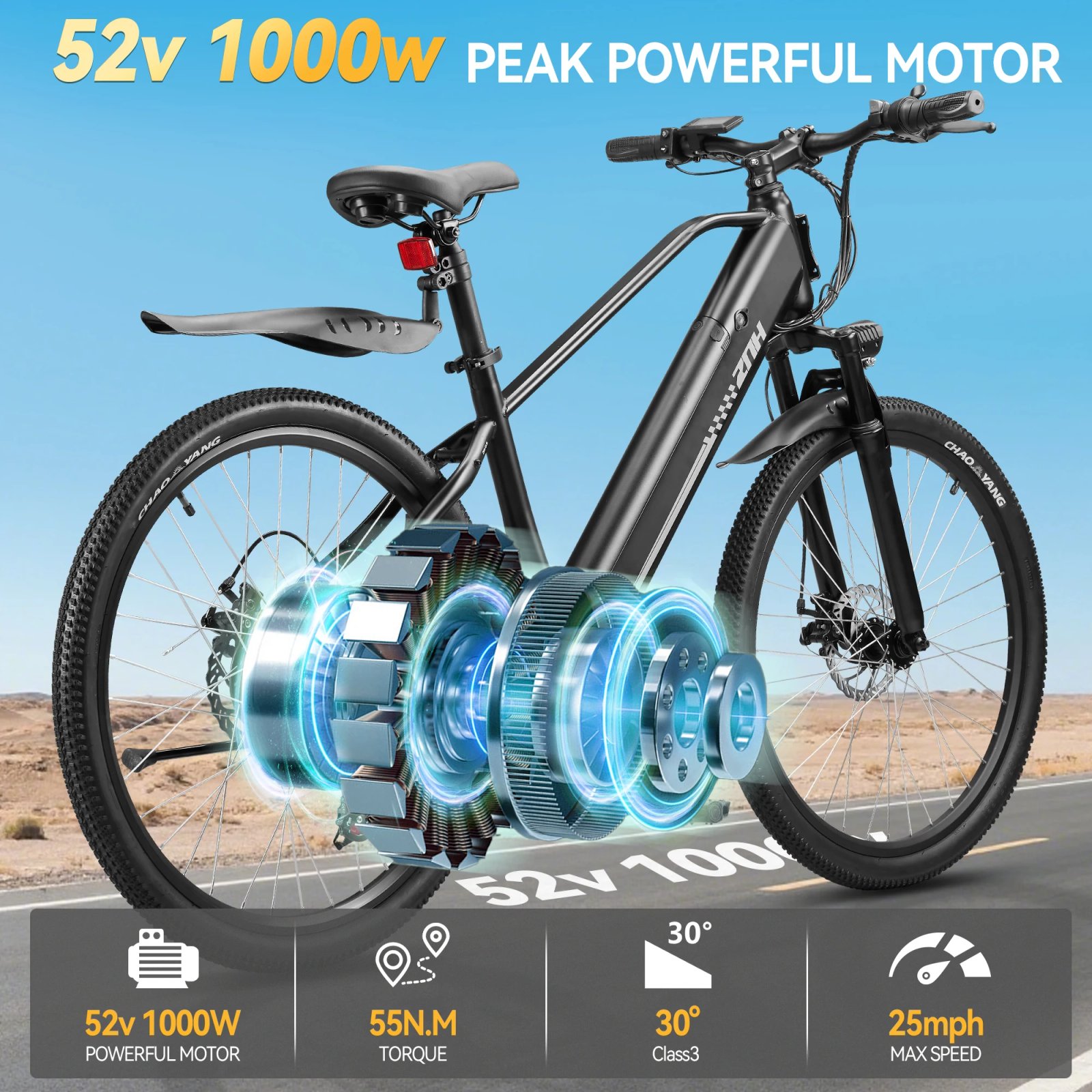 ZNH Electric Bicycle for Adults,1000W Peak Motor,48V Removable Battery,20MPH,26" Tire Electric Bike,7-Speed,50 Miles E-bike - Image 4