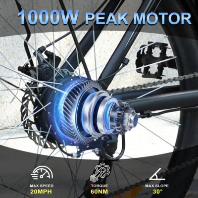 1000W Motor Peak 48V Electric Bike for Adults, 26 inch Electric Mountain Bike with Removable Battery,50Miles Range 20MPH E-bike - Image 3