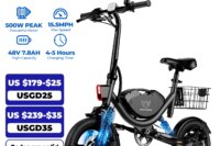 715W peak folding electric bicycle， basket, 22MPH 35 mile 14 inch tires dual suspension, 30 ° uphill, adult commuting electric b