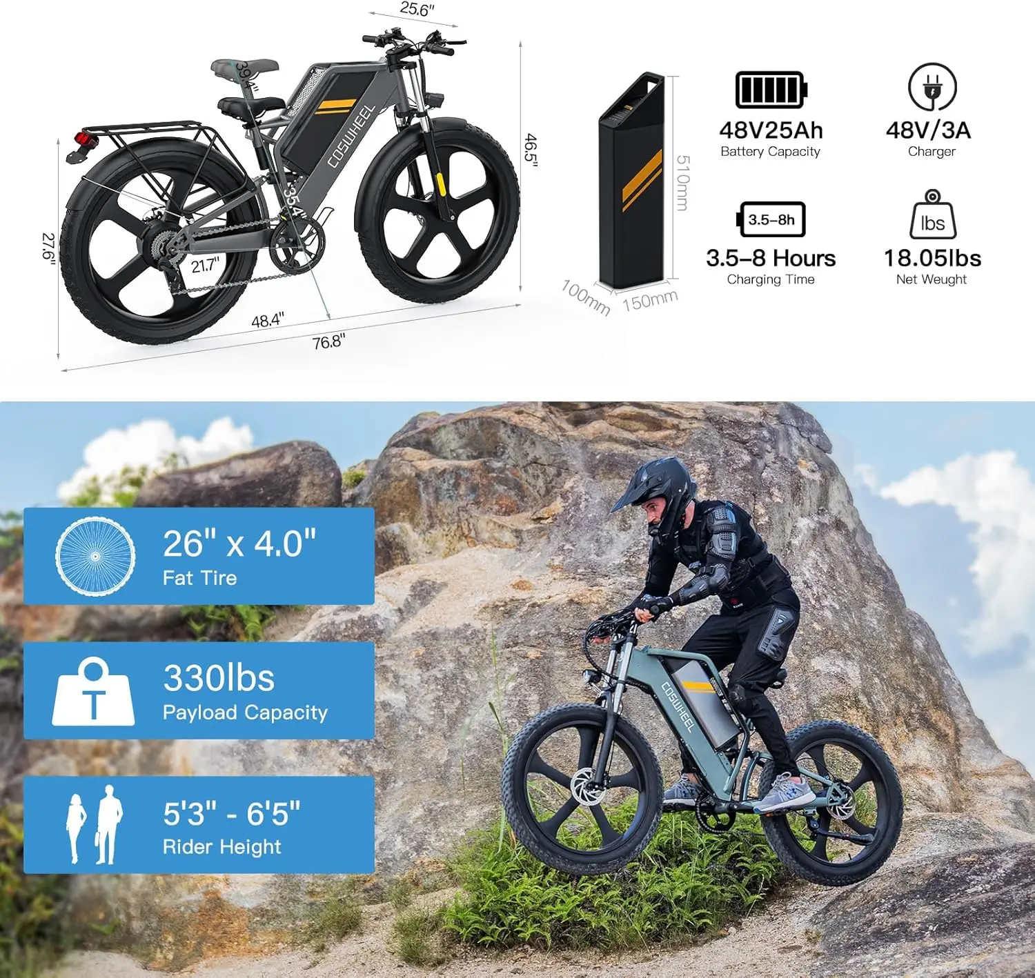 COSWHEEL 26Inch Electric Bike Off Road Mountain bike Electric Motorcyle Fat bike E Bike 1500w 48V 25Ah Removabel Battery COSWHEEL 26Inch Electric Bike Off Road Mountain bike Electric Motorcyle Fat bike E Bike 1500w 48V 25Ah Removabel Battery