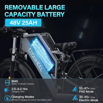 COSWHEEL 26Inch Electric Bike Off Road Mountain bike Electric Motorcyle Fat bike E Bike 1500w 48V 25Ah Removabel Battery - Image 3