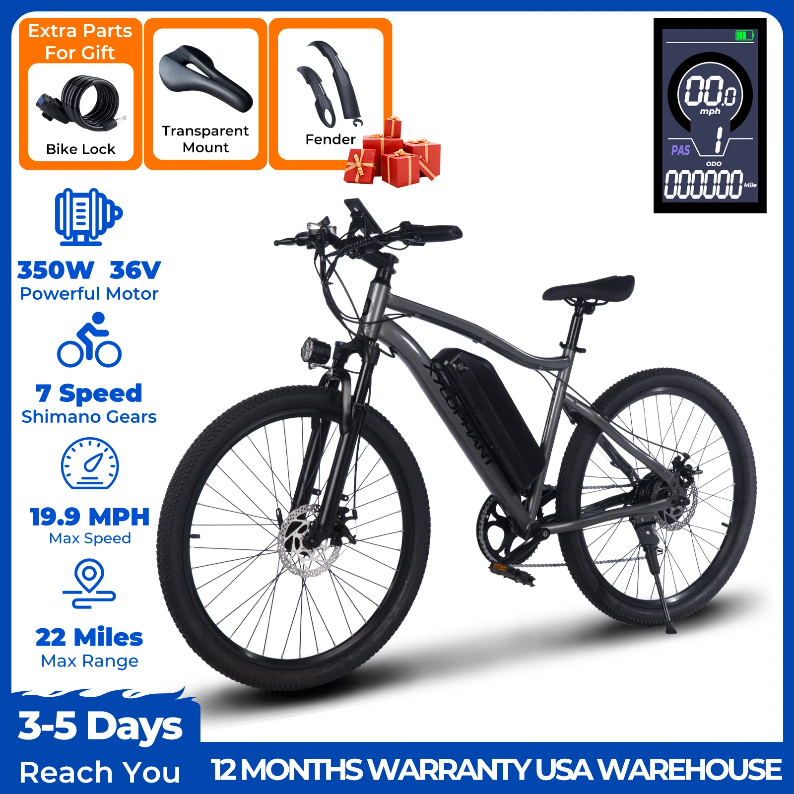 Adult Electric Bicycle 26Linch 36V 10.4AH 19.9Mph Detachable Battery Electric Bicycle Dual Shock Absorber 7-speed Mountain Bike