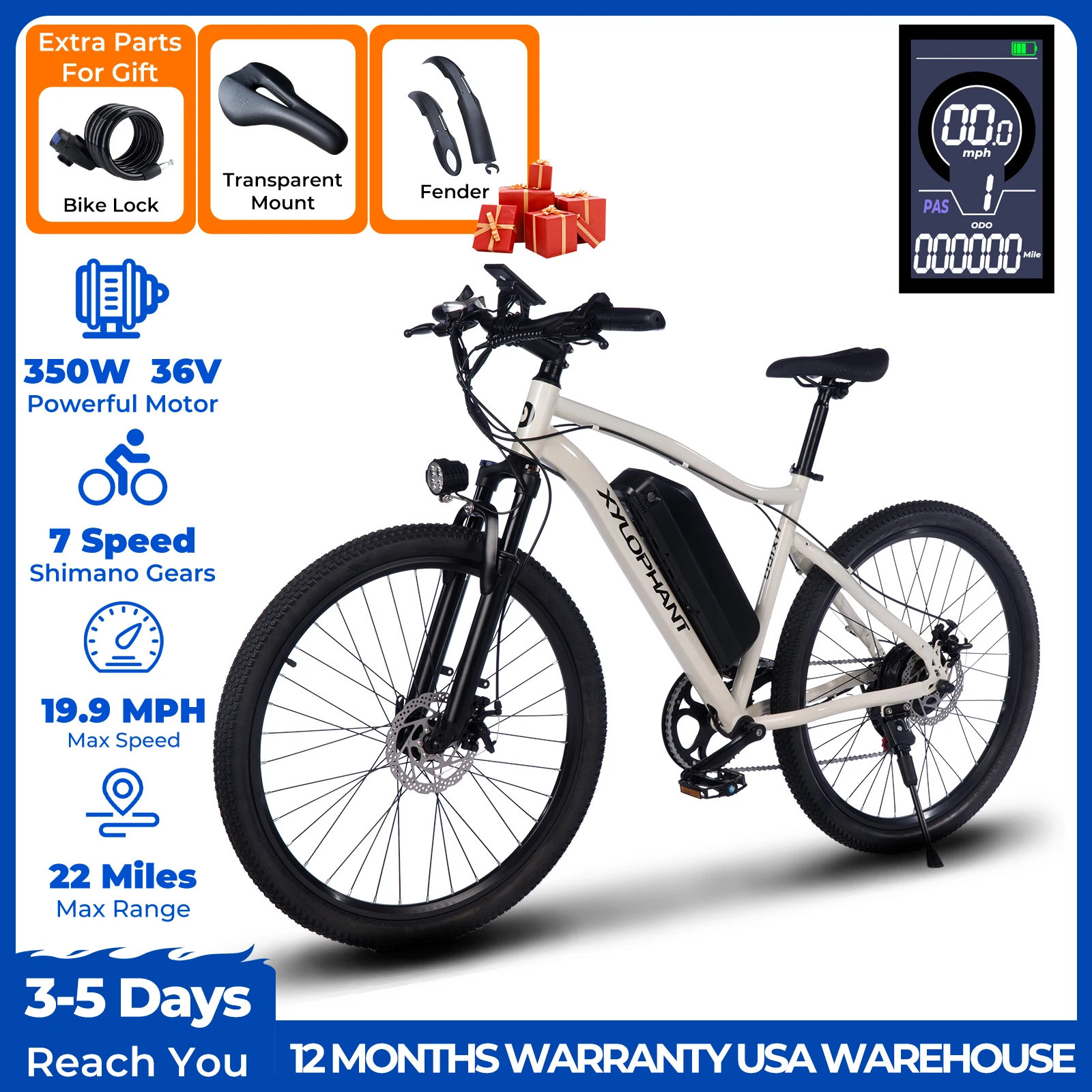 Adult Electric Bicycle 26Linch 36V 10.4AH 19.9Mph Detachable Battery Electric Bicycle Dual Shock Absorber 7-speed Mountain Bike