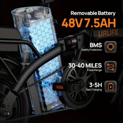 14" Foldable Electric bicycle for Adult, Peak 500W Motor with 48V 7.5Ah Removable Battery 40 Miles Range 3 Hours Charge Time - Image 3