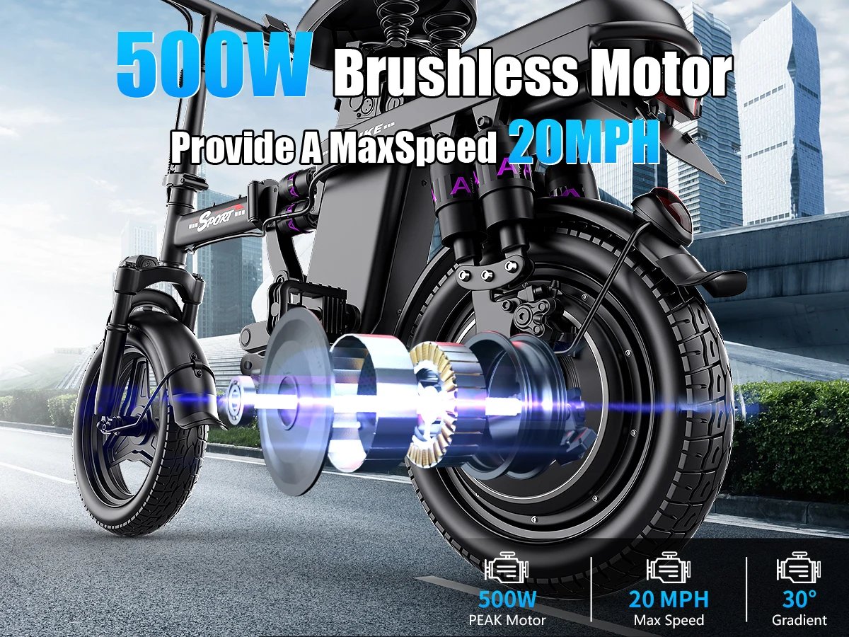 Folding Electric Bike for Adult,48V 15AH Removable Battery, 20MPH 25Miles Commuting Motorcycle Ebike,500W 14'' Electric Bicycle