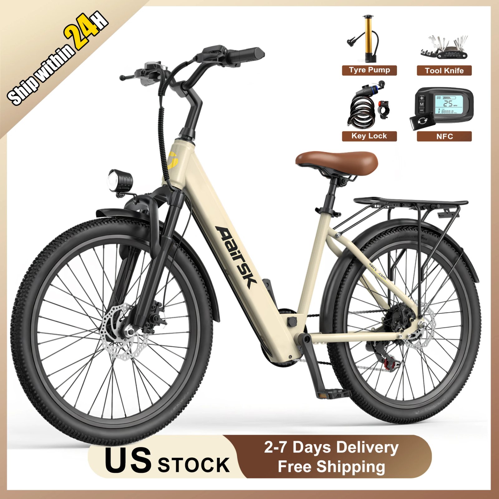 Electric Bike Adults 40Miles 23MPH Commuting Electric Mountain Bike 468Wh Lithium Battery,7-Speed,24