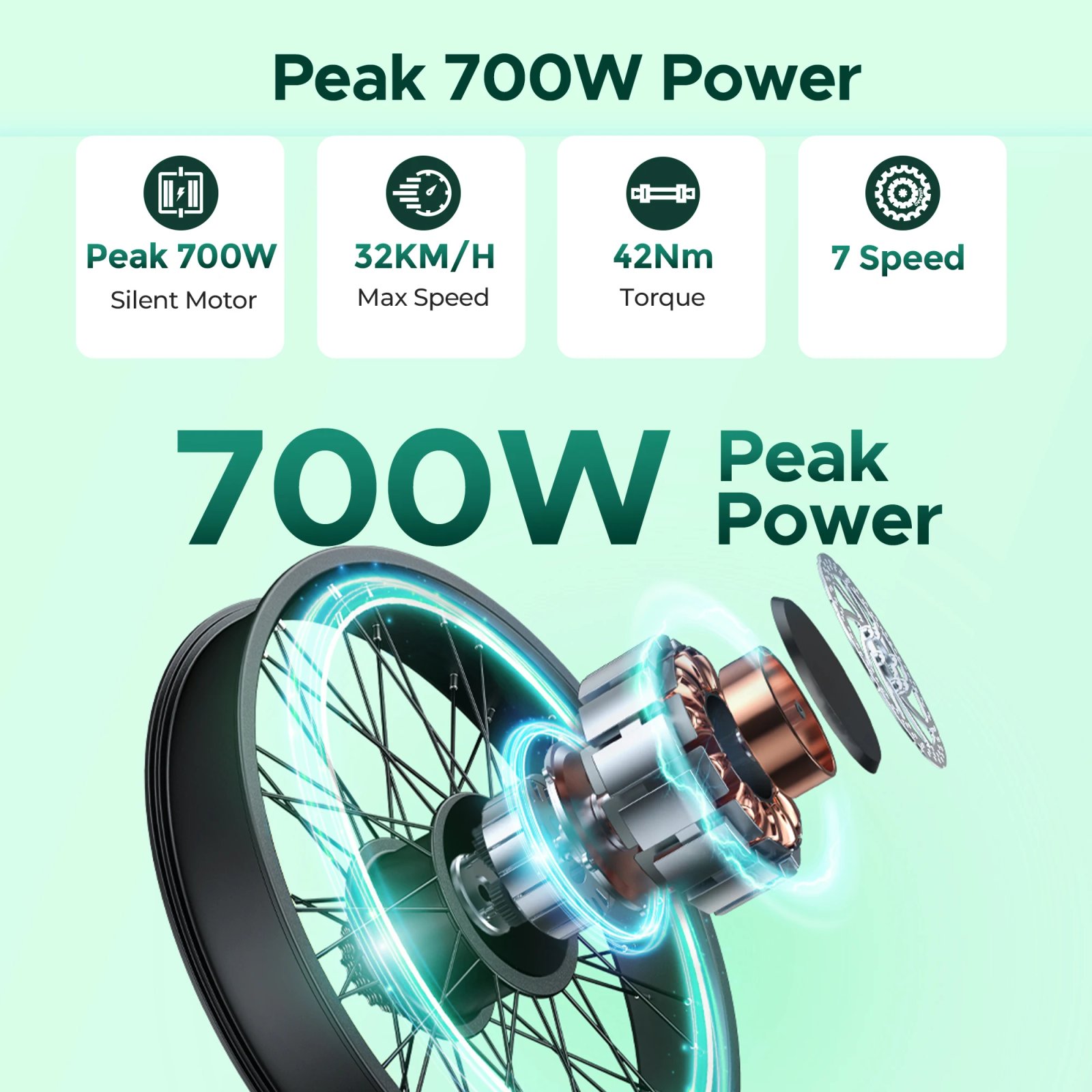 ENGWE HillMiles MileCity 1 26'' Commuter Electric Bicycle 700W Peak Motor 7 Speed Electric Bike for Weekend Travel E-bike, Green - Image 3