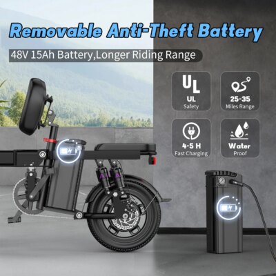 Electric Bike for Adults Teen-Folding Electric Bicycle 750W Peak Motor,20+MPH 35 Miles,Commuter Ebike 48V 15AH Removable Battery - Image 3