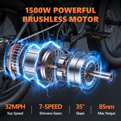 Kickwey K7 Electric bike 1500W Motor 48V 23AH Adult Electric bicycle 20 Inch Fat Tire 32MPH 7-Speed Mountain electric bike - Image 4
