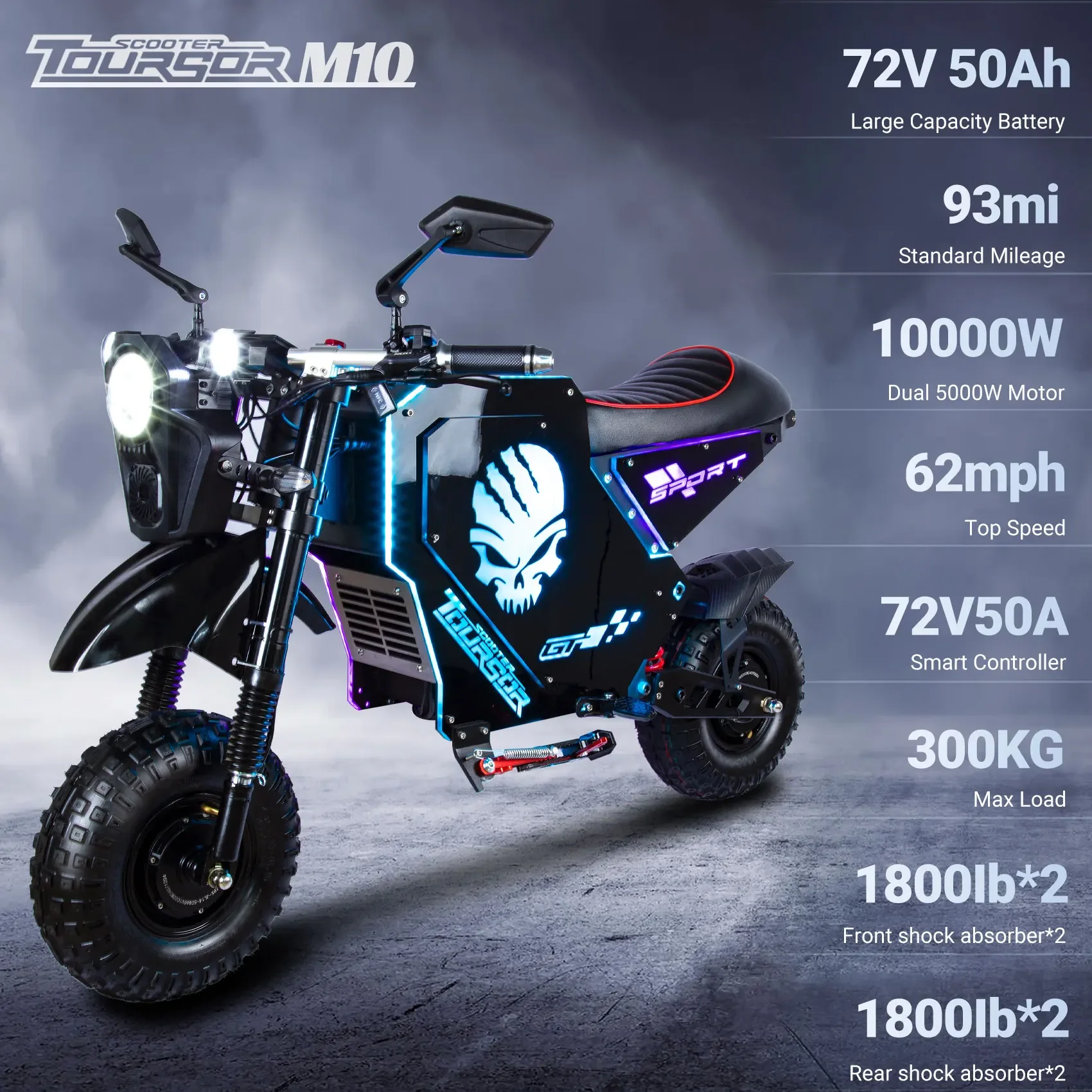 TOURSOR M10 Electric Bicycle 5000W*2 Dual Motor 72V50AH Electric Bike 14 Inch Off-road Tire Electric Motorcycle