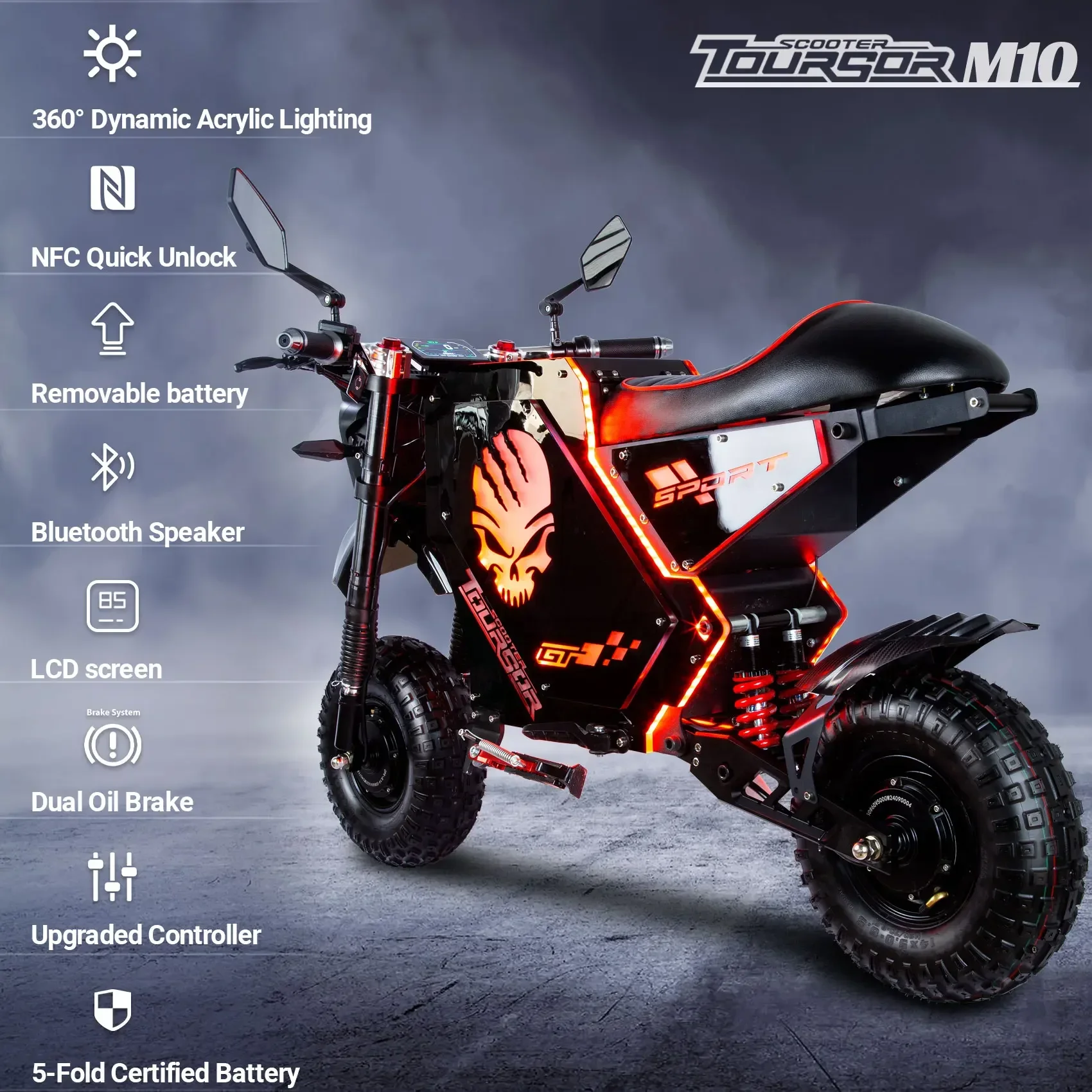 TOURSOR M10 Electric Bicycle 5000W*2 Dual Motor 72V50AH Electric Bike 14 Inch Off-road Tire Electric Motorcycle