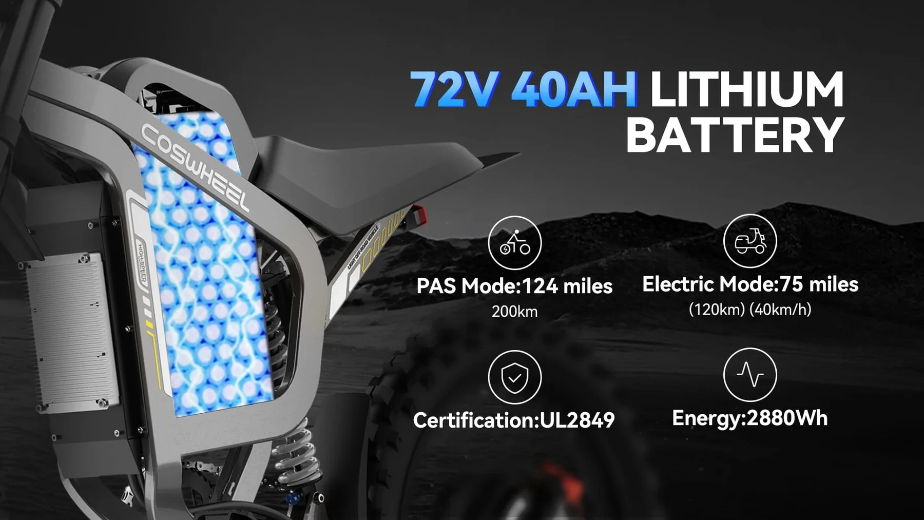 Coswheel 72V Electric Bike Motorcycles R19 6000W Dirt Mountain Bike 72V 40AH Battery Lightweight Off-Road EBike For Adult