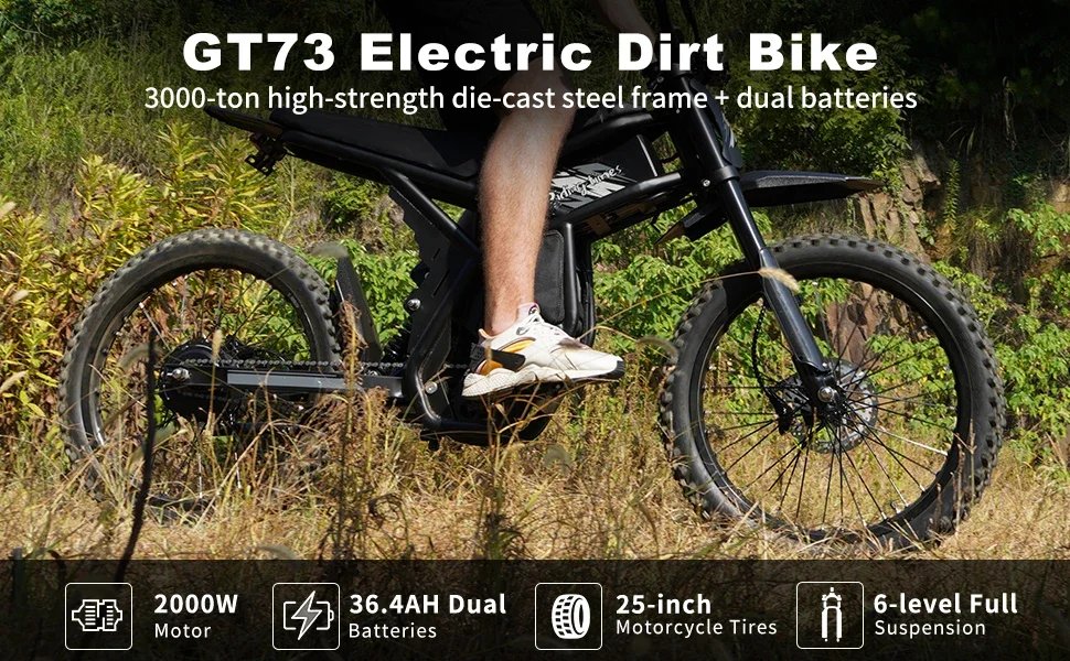 GT73 Electric Dirt Bike 2000W Electric Dirtbike 25” Tires 1747Wh Dual Battery EBike Max 37 MPH Dual Hydraulic Brakes Suspension
