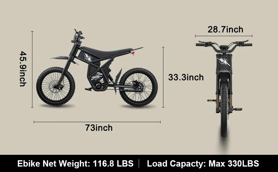 GT73 Electric Dirt Bike 2000W Electric Dirtbike 25” Tires 1747Wh Dual Battery EBike Max 37 MPH Dual Hydraulic Brakes Suspension