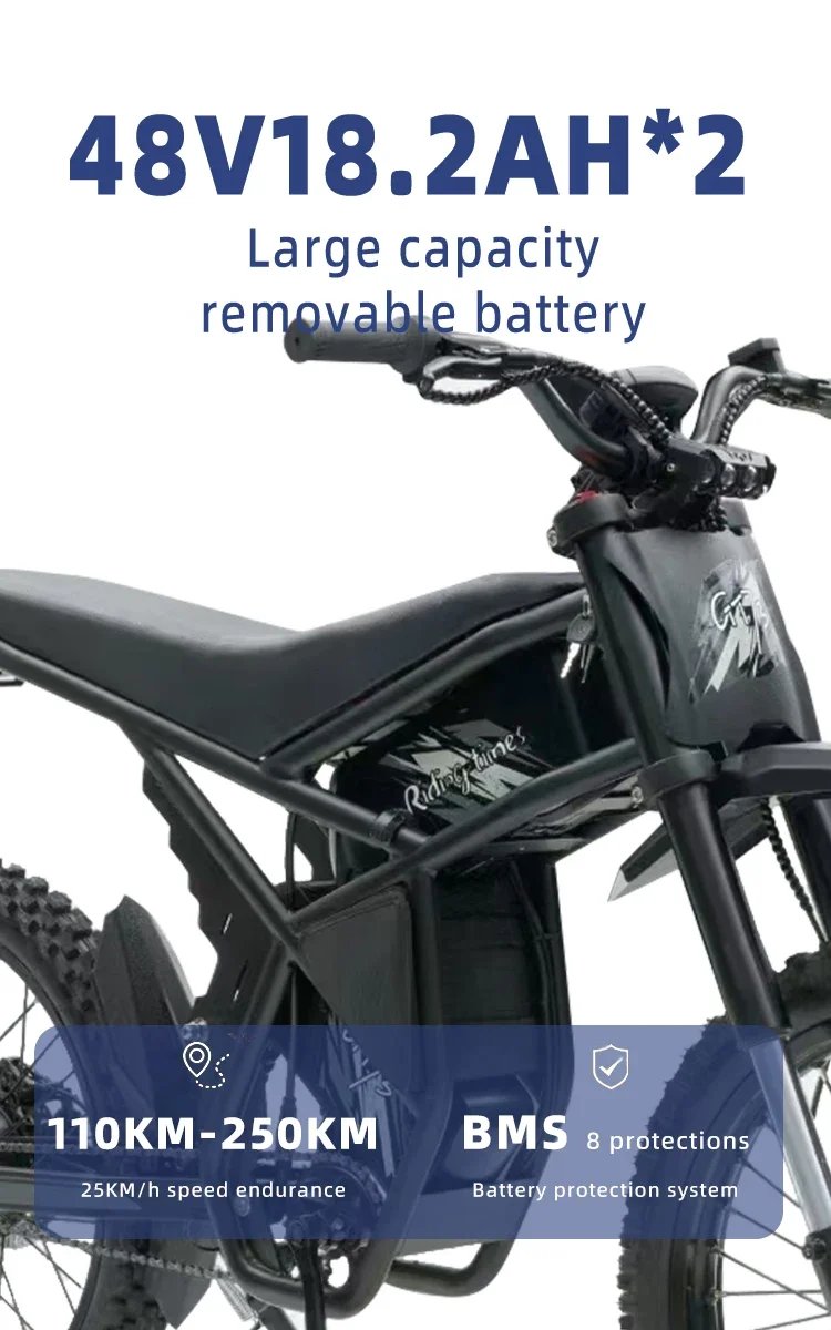 GT73 Electric Dirt Bike 2000W Electric Dirtbike 25” Tires 1747Wh Dual Battery EBike Max 37 MPH Dual Hydraulic Brakes Suspension