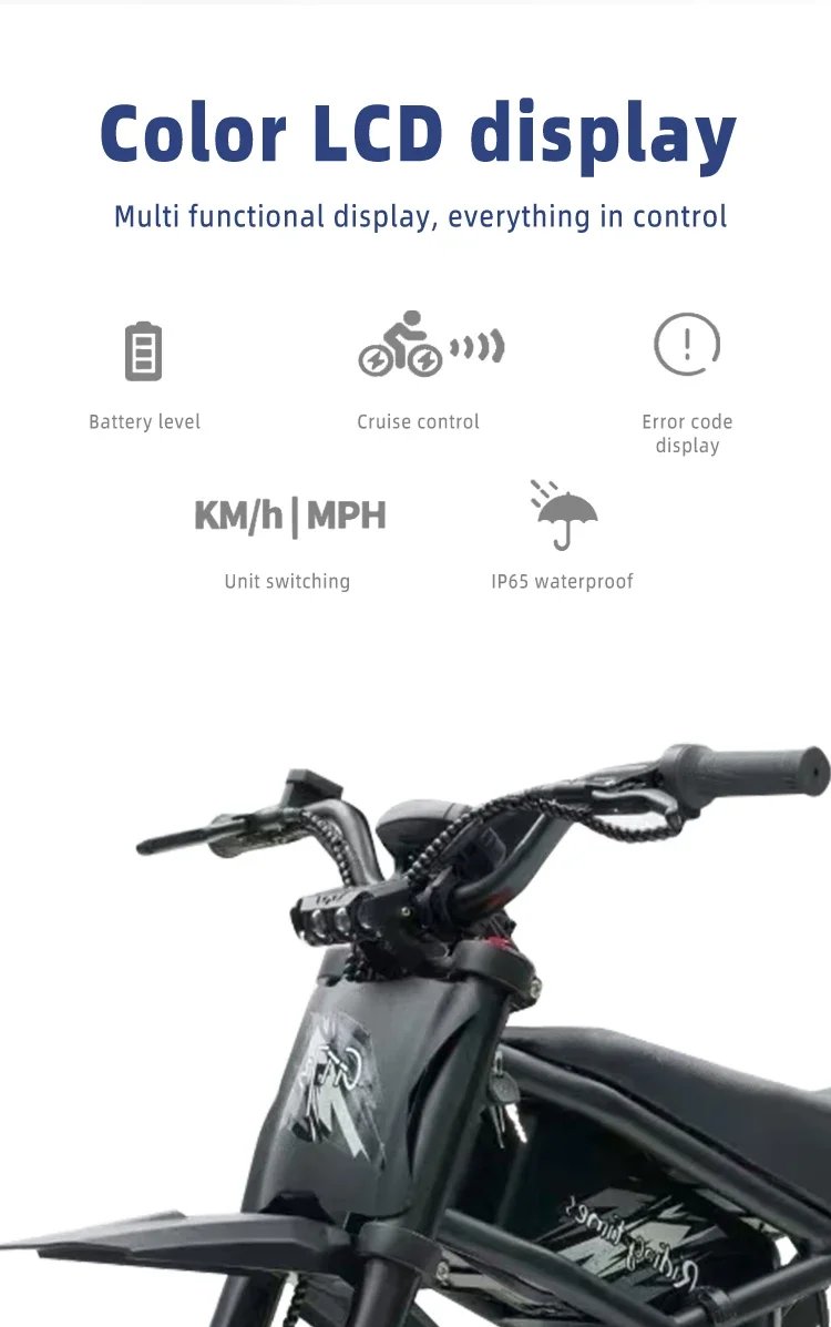 GT73 Electric Dirt Bike 2000W Electric Dirtbike 25” Tires 1747Wh Dual Battery EBike Max 37 MPH Dual Hydraulic Brakes Suspension