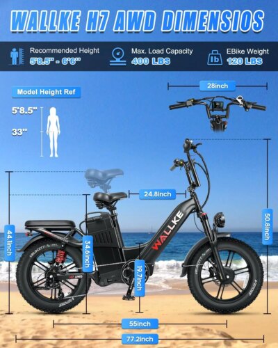 W Wallke H7 AWD 3200W Dual Motor Electric Bike for Adult 48V 60Ah Long Range 31MPH Fast Ebike 20" Fat Tire E-bike UL2849 - Image 6