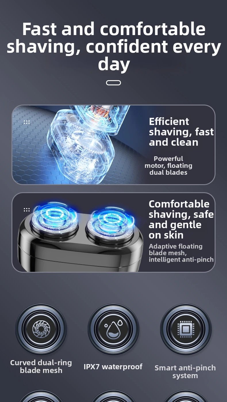 Men's Professional Shaver IPX7 Waterproof Shaving Machine with Floating Double Blade Mini Electric Razor Idea Gift Beard Trimmer