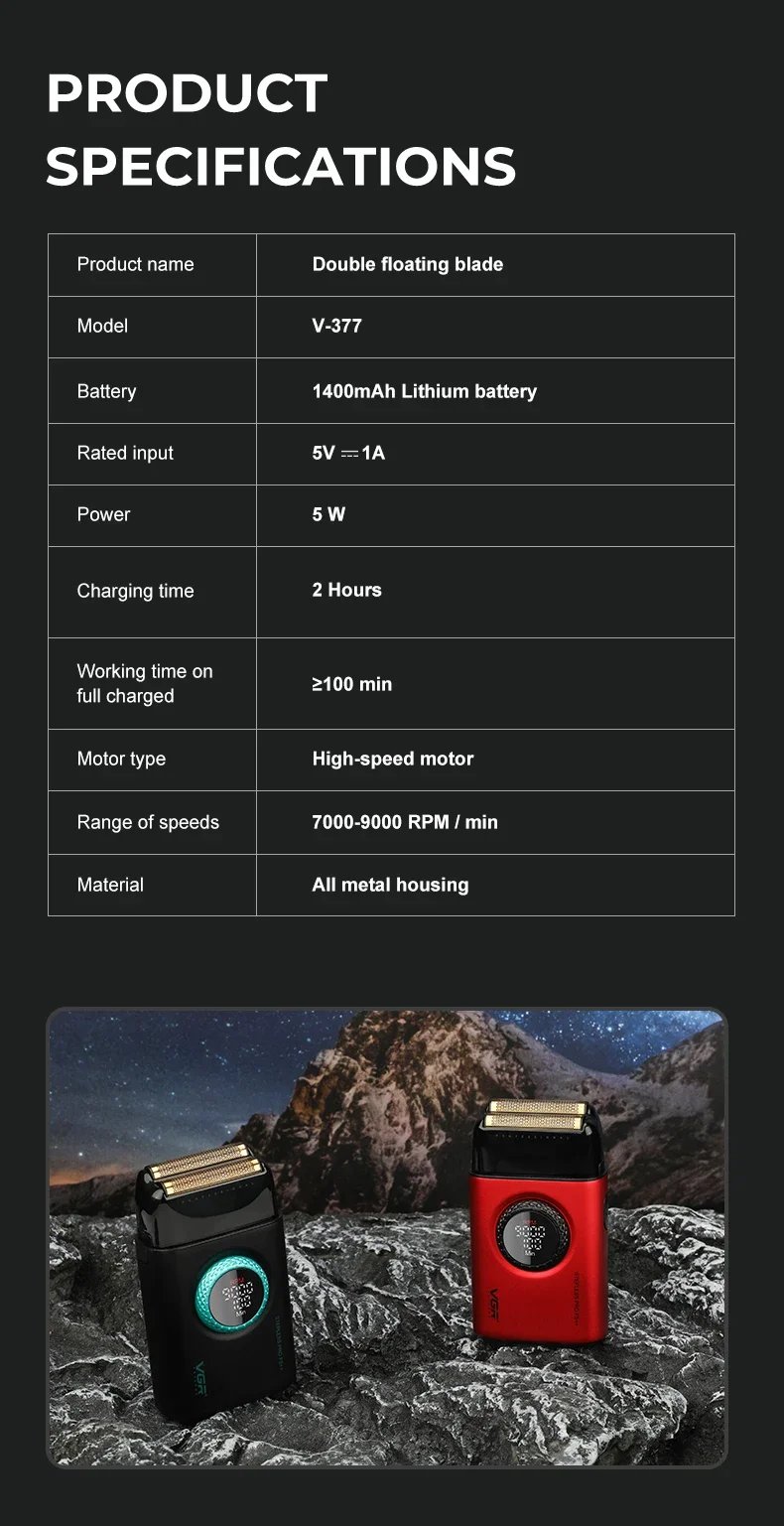 VGR Shaver Professional Razor Rechargeable Beard Trimmer Electric Beard Shaver 9000 RPM Razor Reciprocating Shaver for Man V-377