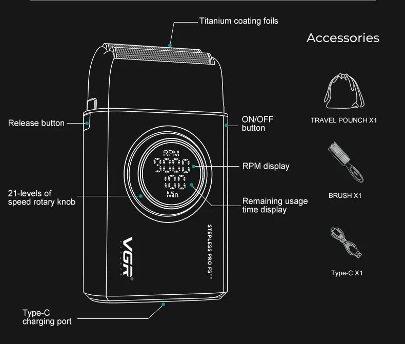 VGR Shaver Professional Razor Rechargeable Beard Trimmer Electric Beard Shaver 9000 RPM Razor Reciprocating Shaver for Man V-377