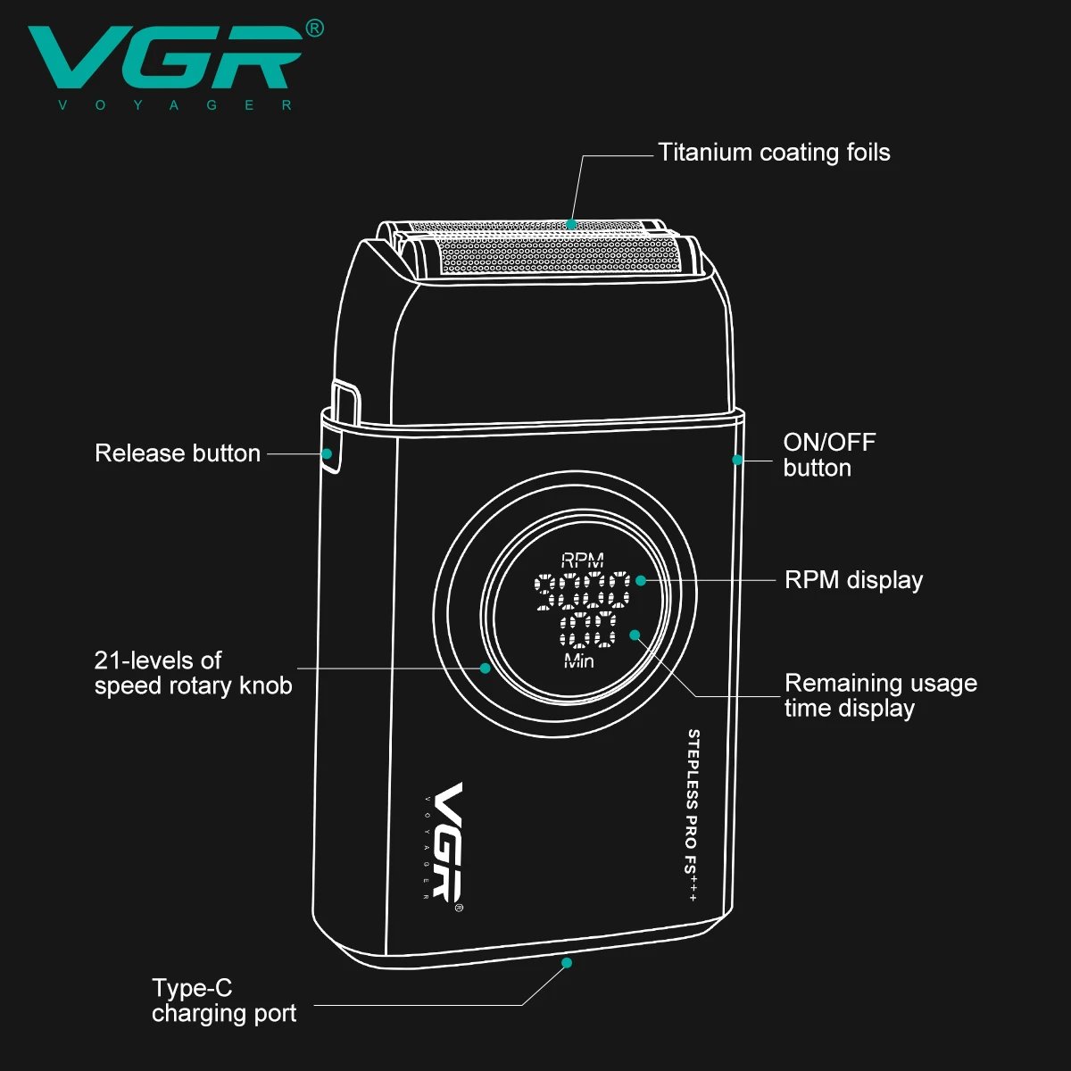 VGR Razor Electric Shaver Professional Beard Trimmer Rechargeable Trimmer 9000 RPM Razor Digital Display Shaver for Man V-378 - Image 2