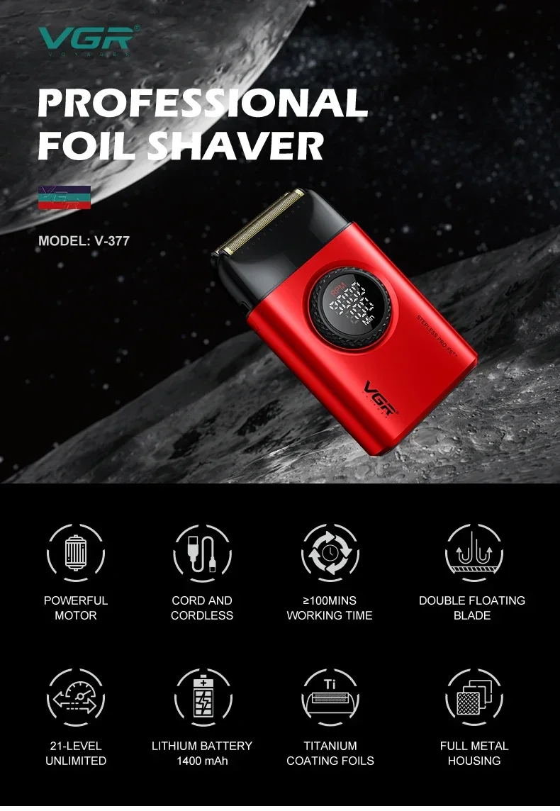 VGR Electric Shaver Professional Razor 9000 RPM Shaver Reciprocating Beard Trimmer Hair Trimmer Metal Foil Shaver for Man V-377