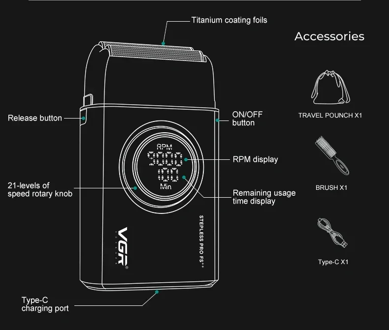VGR Electric Shaver Professional Razor 9000 RPM Shaver Reciprocating Beard Trimmer Hair Trimmer Metal Foil Shaver for Man V-377