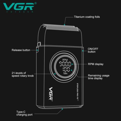 VGR Electric Shaver Professional Razor 9000 RPM Shaver Reciprocating Beard Trimmer Hair Trimmer Metal Foil Shaver for Man V-377 - Image 2