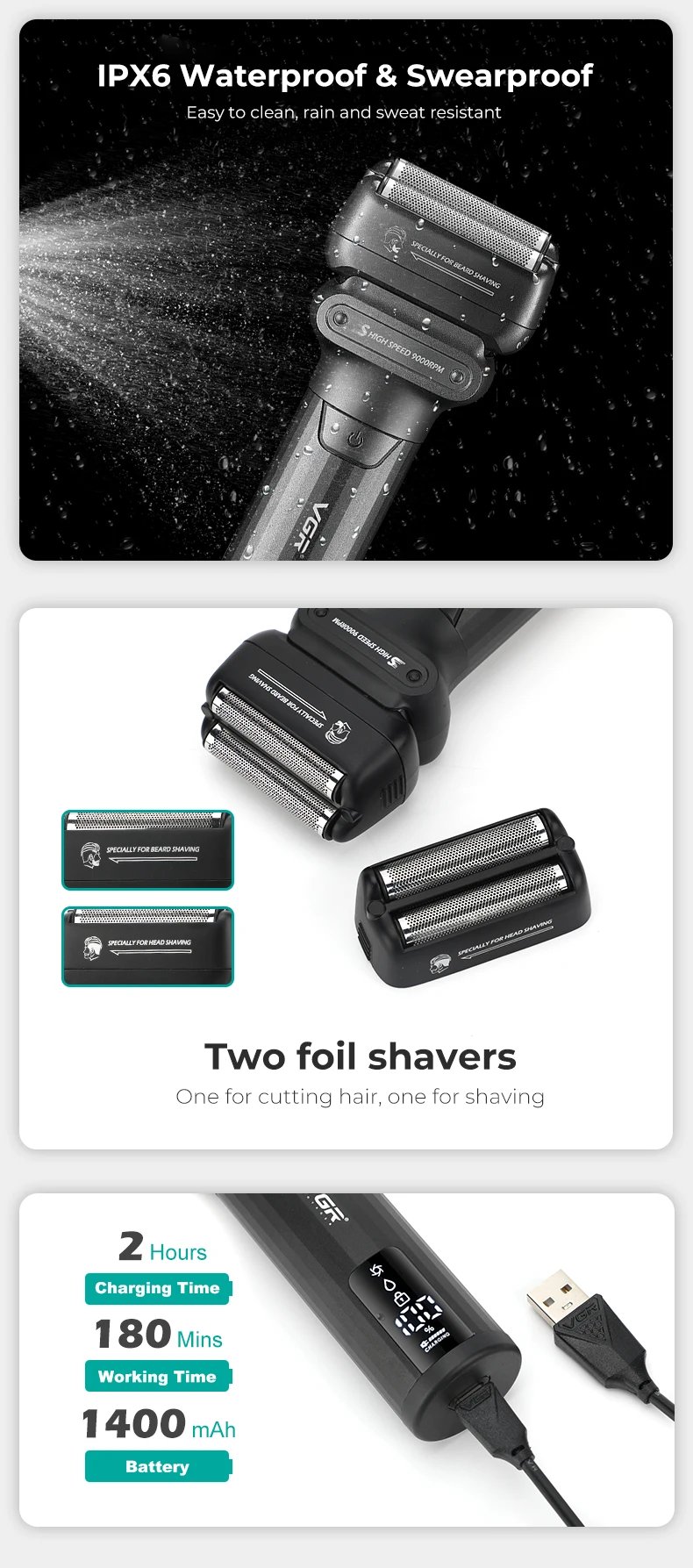 VGR Shaver Professional Beard Trimmer Electric Shaver Waterproof Razor 9000 RPM Shaving Machine Portable Shaver for Men V-368