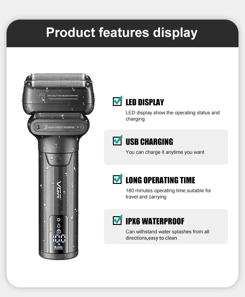 VGR Shaver Professional Beard Trimmer Electric Shaver Waterproof Razor 9000 RPM Shaving Machine Portable Shaver for Men V-368