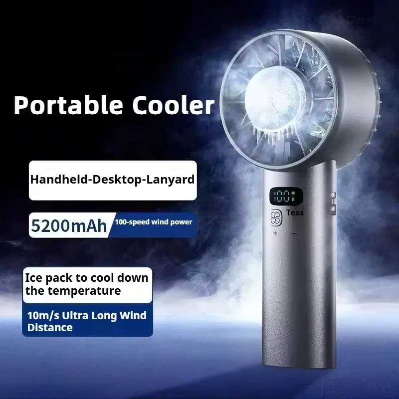 5200mAh Portable Handheld Fan with Double Ice Cooling, High-Speed Rechargeable USB Fan, Foldable Design for Indoor & Outdoor Use