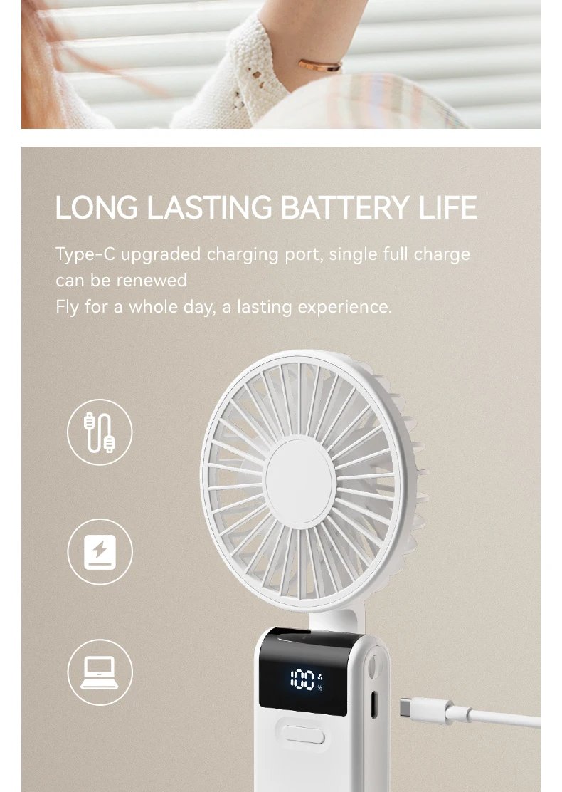 Handheld Mini Fan 1800mAh Foldable Portable Desk Outdoor Neck Hanging 5 Speed USB Rechargeable Fan Phone Stand Display Screen