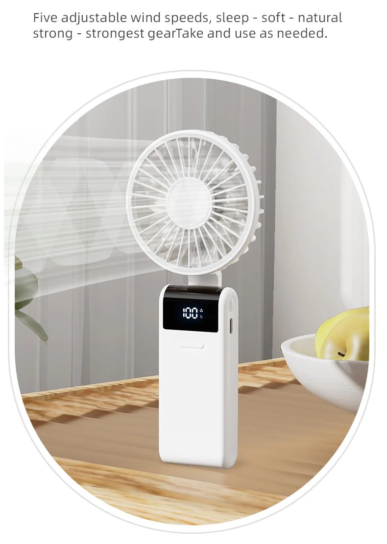Handheld Mini Fan 1800mAh Foldable Portable Desk Outdoor Neck Hanging 5 Speed USB Rechargeable Fan Phone Stand Display Screen