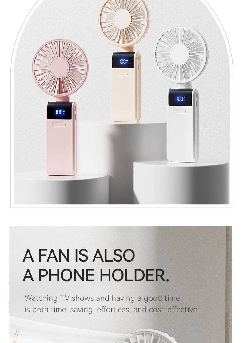Handheld Mini Fan 1800mAh Foldable Portable Desk Outdoor Neck Hanging 5 Speed USB Rechargeable Fan Phone Stand Display Screen
