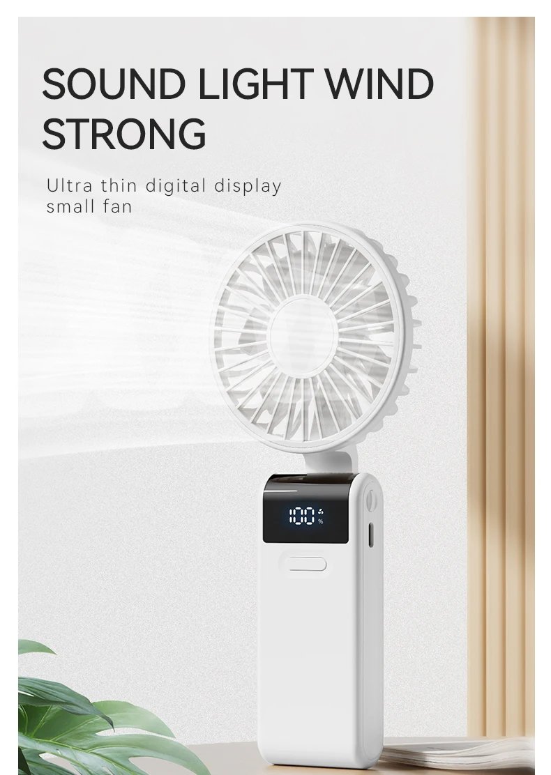 Handheld Mini Fan 1800mAh Foldable Portable Desk Outdoor Neck Hanging 5 Speed USB Rechargeable Fan Phone Stand Display Screen