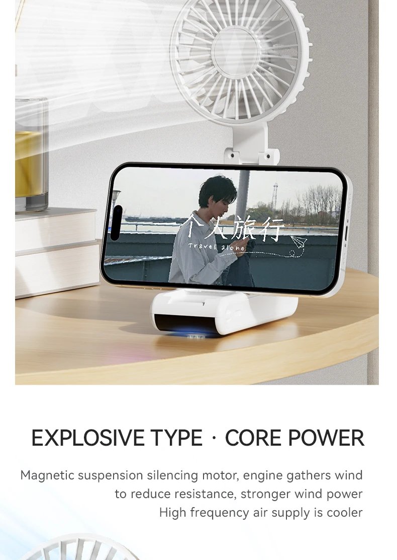 Handheld Mini Fan 1800mAh Foldable Portable Desk Outdoor Neck Hanging 5 Speed USB Rechargeable Fan Phone Stand Display Screen